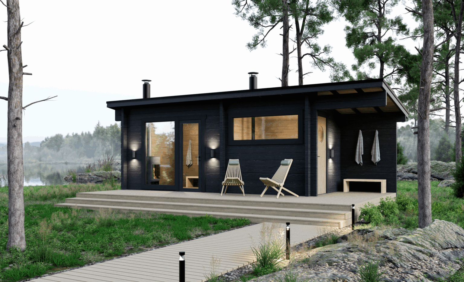 Musta löylyvalmis pihasauna järven rannalla