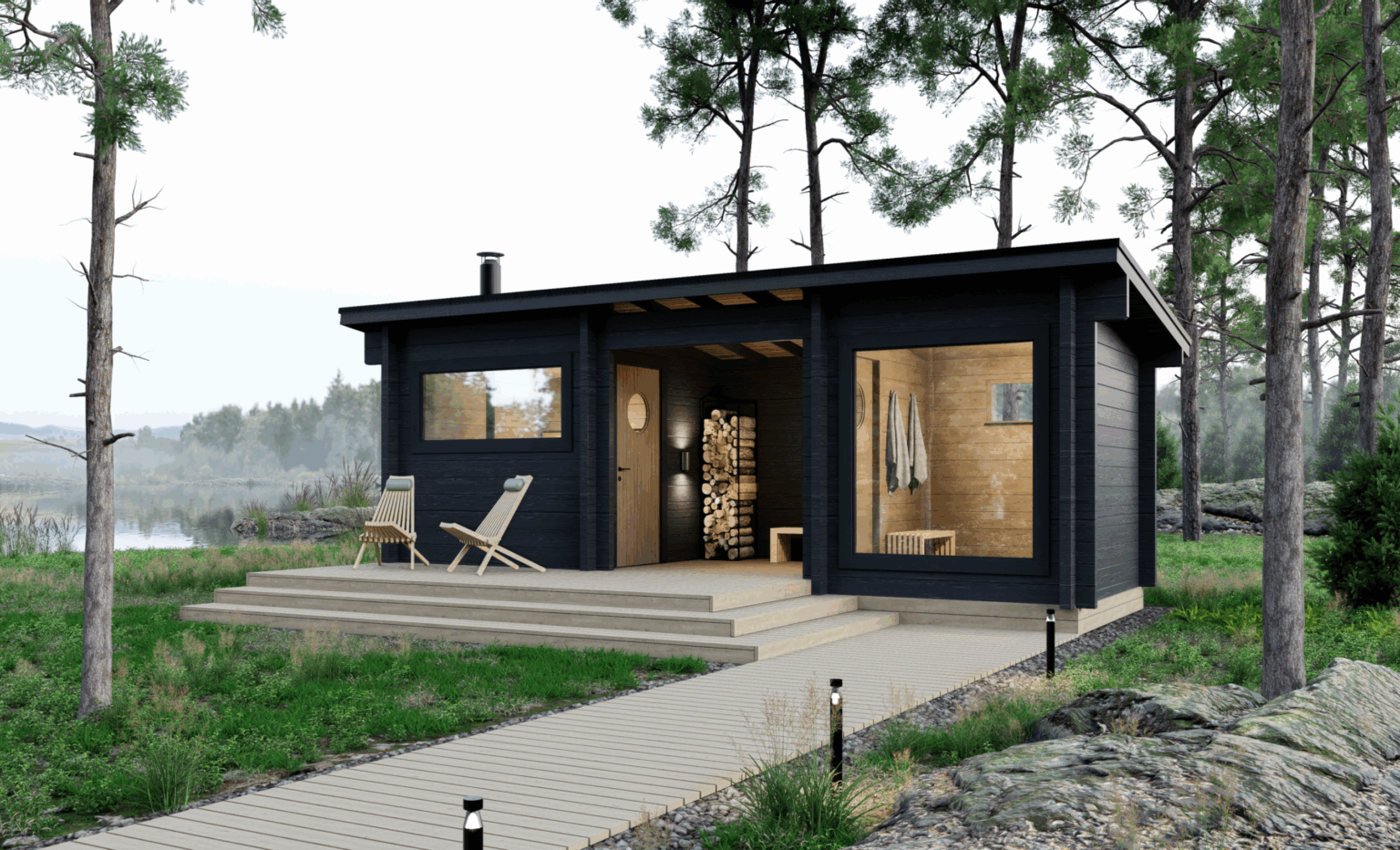 Löylyvalmis mökkisauna järven rannalla valmiina käytettäväksi