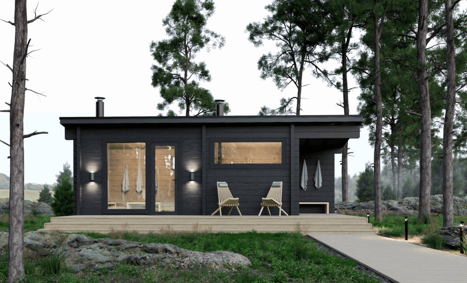 Musta pihasauna edestäpäin katsottuna